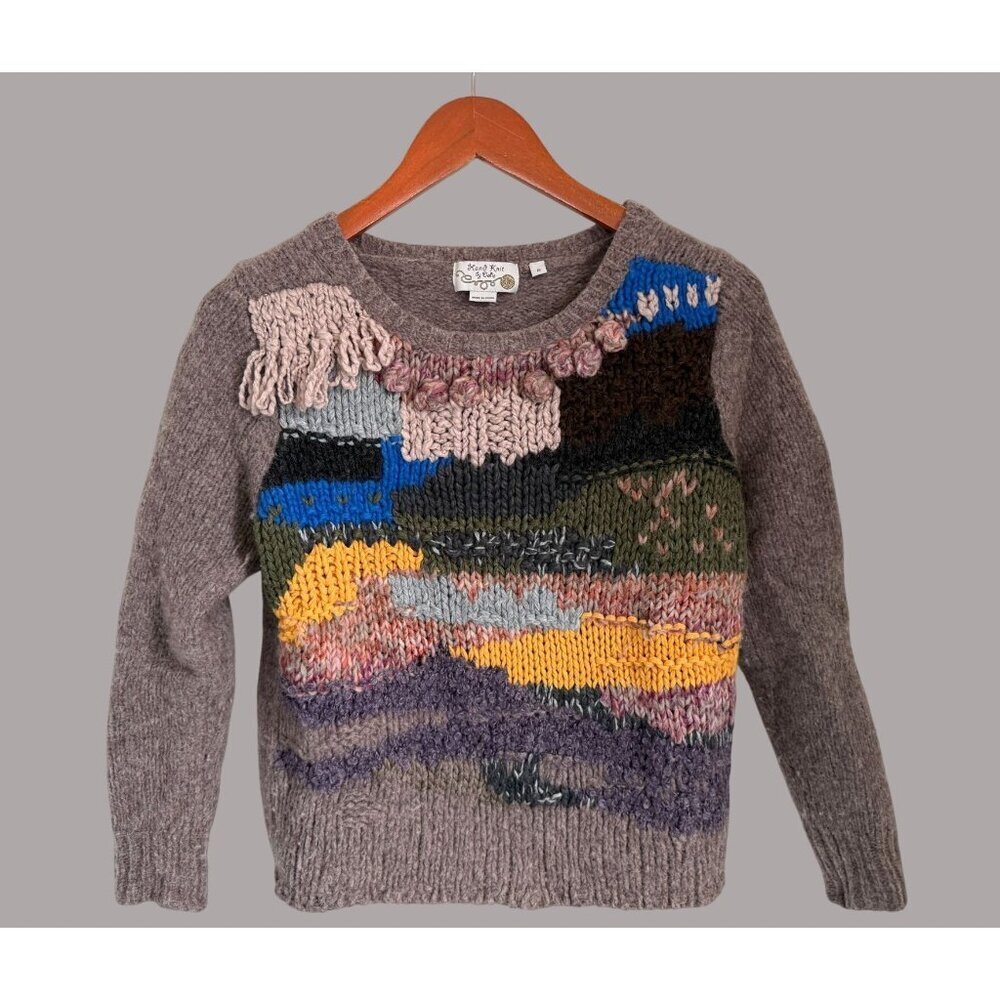Hand Knit By Dolly Multicolor Wool Blend Patchwork Sweater With Fringe & Texture